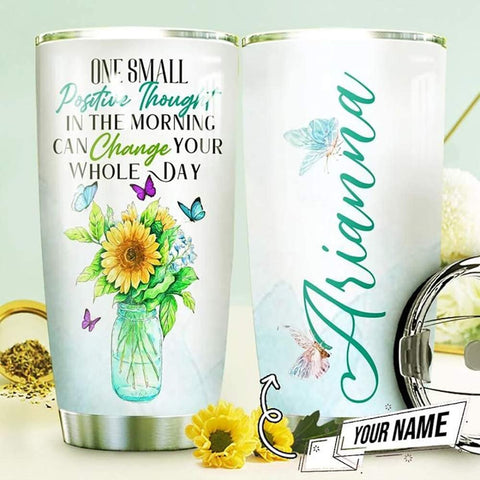 Personalized Name Sunflower Butterfly 3 Stainless Steel Tumbler Vacuum Insulated Travel Mug with Lid and Straws, for Ice Drink, Hot Beverage