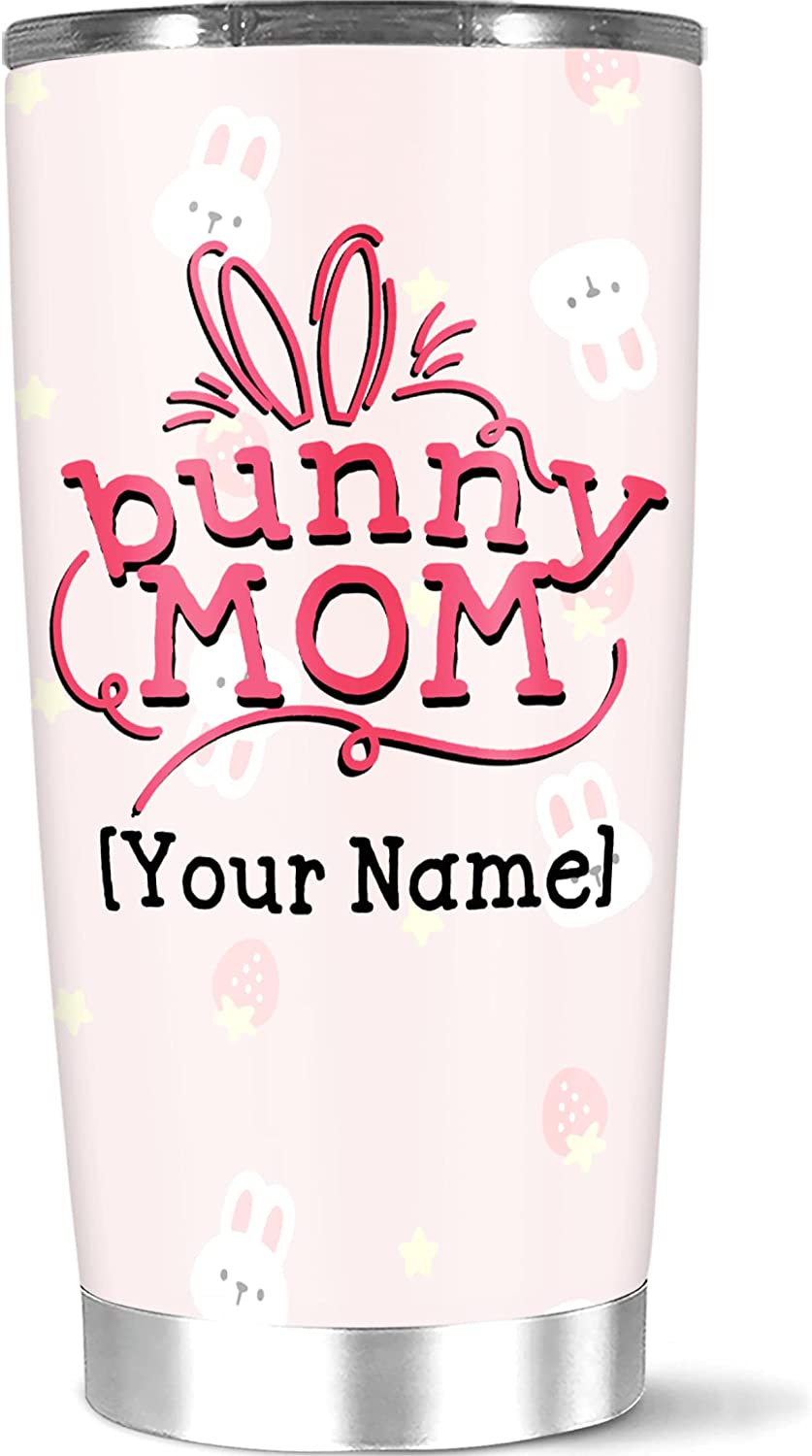 Personalized Coffee Tumbler Cute Bunny Mom Customized Name Novelty Cup Vacuum Insulated Double Walled Gifts For Rabbit Lovers Sister Brother Birthday Holiday Large 20 Mug