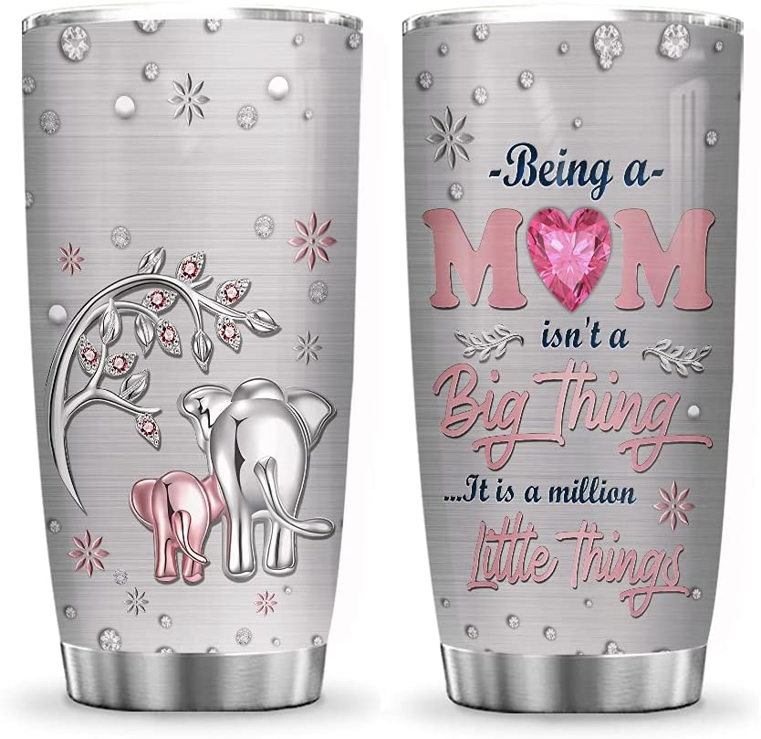 Mom Tumbler, Printed Elephant Mom Jewelry Style Mother's Day Gifts Tumbler Cup with Lid, Double Wall Vacuum Thermos Insulated Travel Coffee Mug