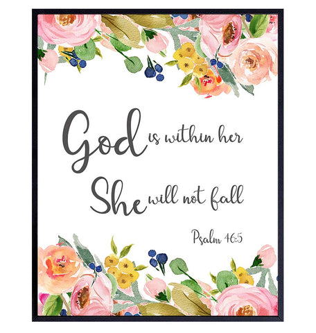 Psalm 46 - God is Within Her She Will Not Fall - Positive Quotes Wall Decor - Motivational Posters - Inspirational Christian Wall Art - Bible Verse Scripture Decor - Gift for Religious Women, Girls