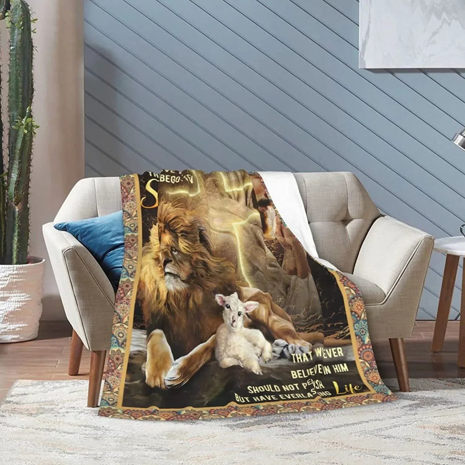 John 3.16 Christian Blanket for Men Christ Lion Lamb Cross Jesus Religious Faith Throw Blanket Christian Bedroom Decor Blanket Gifts for Men Women