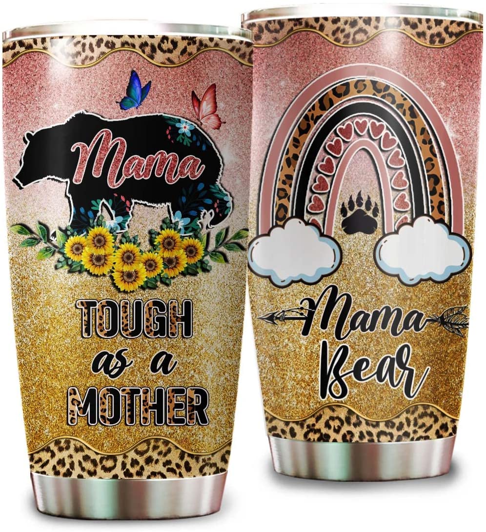 Sunflower Mama Bear Tumbler with Lid Gifts Idea Mothers Day Birthday Christmas for Mother Mom from Daughter Son Gift Cup Stainless Steel Insulated Travel Coffee Mug Yellow Leopard Pattern