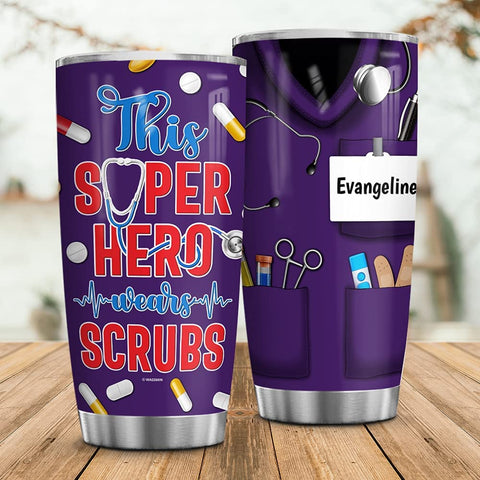 Personalized This Hero Wears Scrubs Nurse Tumbler Cup With Lid Double Wall Vacuum Insulated Travel Coffee Mug Birthday Christmas Nurse Week Appreciation Gift Women Men