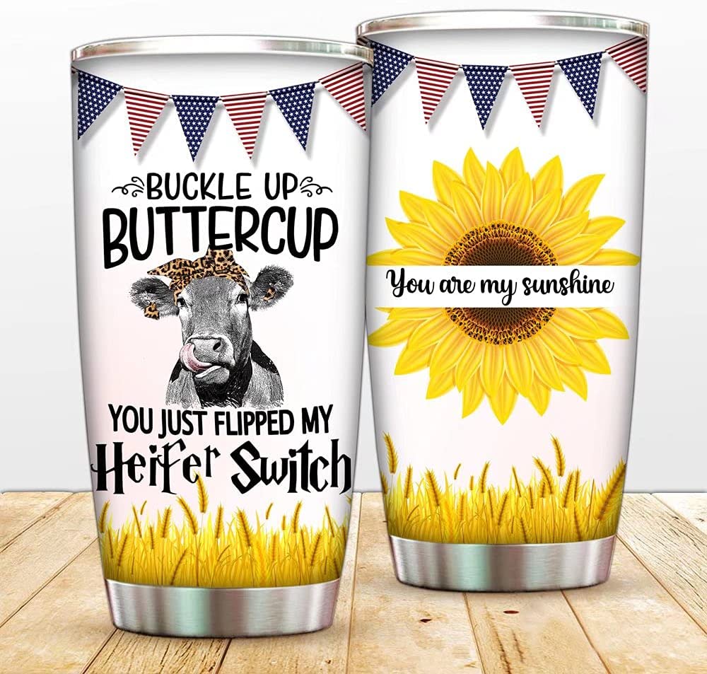 Buckle Up Buttercup You Just Flipped My Heifer Switch Tumbler Cup With Lip And Straw,Sunflower Cow Double Wall Vacuum Sporty Thermos To Women Insulated Travel Mug Cow Coffee Cup