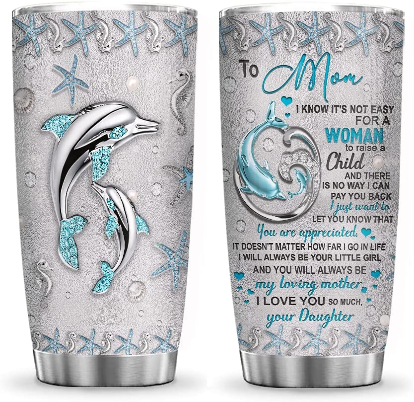 Printed To My Mom Dolphin Jewelry Style Tumbler Cup with Lid, Double Wall Vacuum Thermos Insulated Travel Coffee Mug