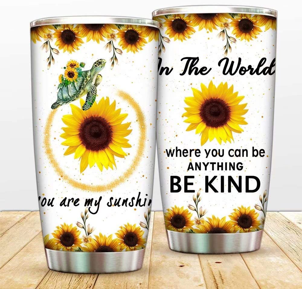 Greture You Are My Sunshine Sunflowers Steel Tumblers Travel Mug, Sunflowers Vacuum Thermos Insulated Tumbler with Lid and Straw,Turtle Coffee Cup