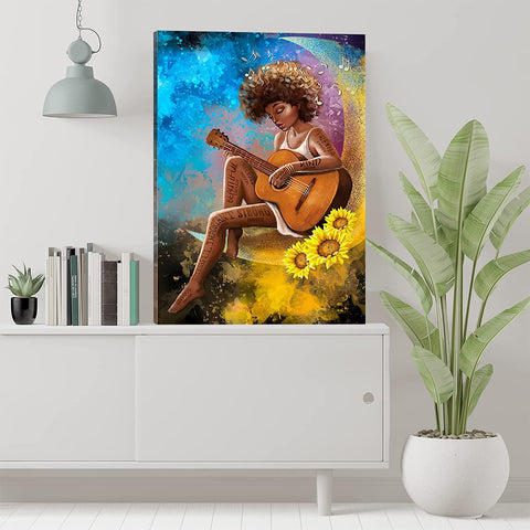 African American Woman With Sunflower Guitar Wall Art, Black Woman for Bedroom Living Room, Wall Art Modern Home Decoration