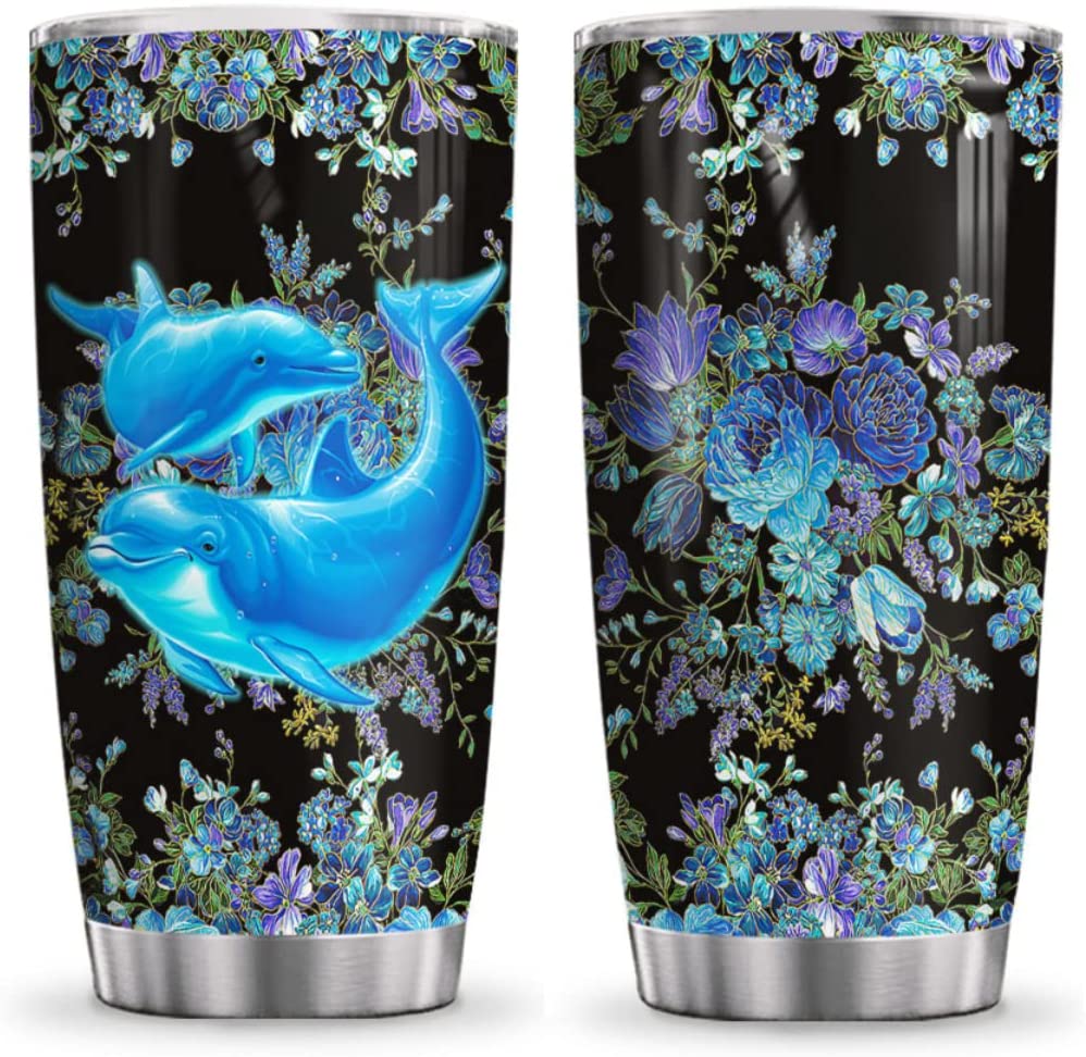 Blue Ocean Sea Dolphin Flower Dolphin Lover Inspiration Motivational Stainless Steel Tumbler Cup with Lid, Double Wall Vacuum Thermos Insulated Travel Coffee Mug - DNM2201009Z