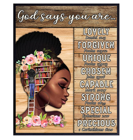 African American I Am Decor, Black Wall Art, Catholic Christian Religious Gifts for Women, God Says You Are, African American Girls