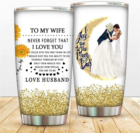 Wife Tumbler. I Love You To The Moon And Back Vacuum Tumbler Cup Sunflower You Are My Sunshine Insulated Coffee Mug with Lid,Christmas To Wife Thermos, Sunshine