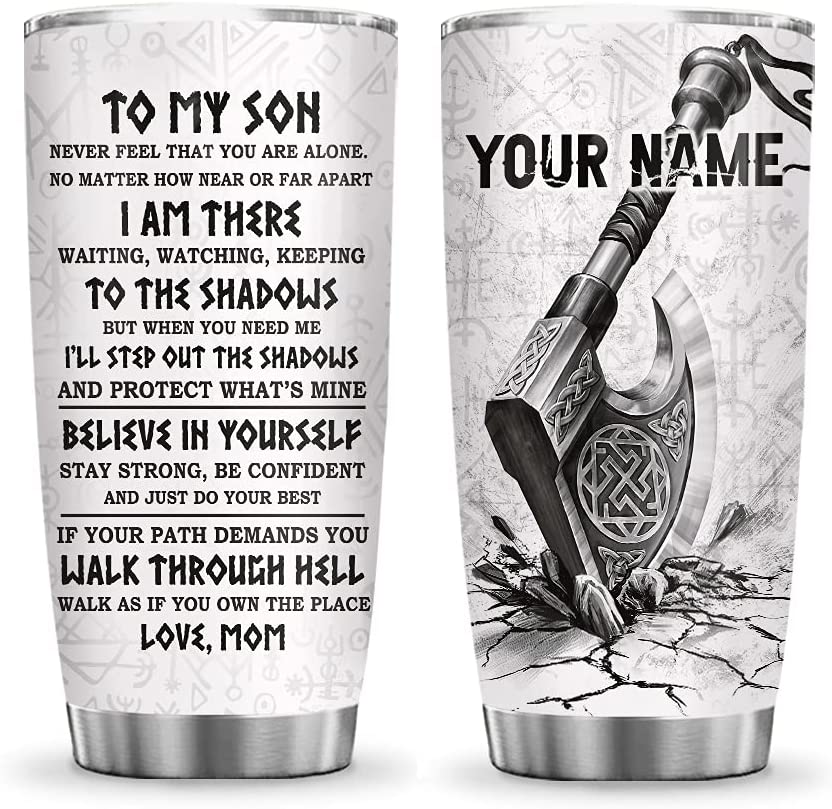 Son Tumbler, Personalized Customized Name Viking Celtic to My Son Inspiration Tumbler Cup with Lid, Double Wall Vacuum Thermos Insulated Travel Coffee Mug