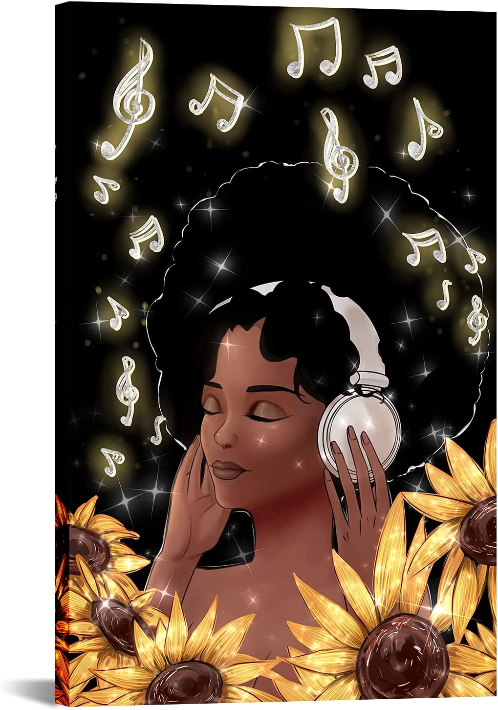 African American Wall Art Black Girl and Music Picture Elegant Sunflower Painting Home Wall Decor for Bathroom Living Room