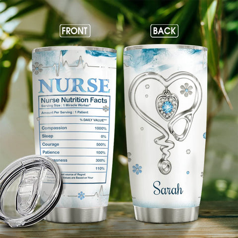 Personalized Nurse Tumbler Nutrition Facts Heartbeat Stethoscope Jewelry Drawing Style Vacuum Insulated Travel Coffee Mug Christmas Graduation Nurse Appreciation Gift Women Men