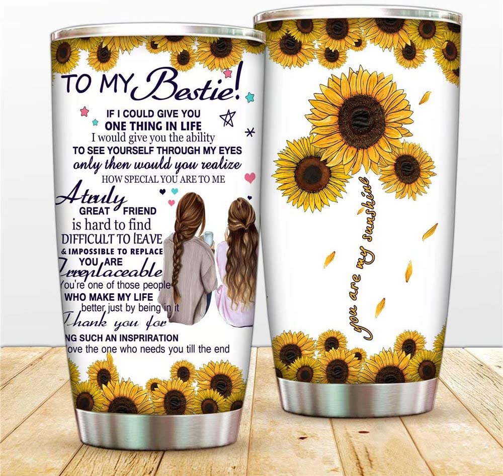 Bestie Gift, HomeT Bestie Travel Mug We Are Best Friend Tumbler Cup Sunflower You Are My Sunshine Coffe Mug Sister Insulated Cup Sunflower Stainless Steel Vacuum Tumblers with Straw Lid, Friendship Tumbler 1-1