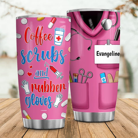 Personalized Coffee Scrubs Rubber Gloves Nurse Tumbler Cup With Lid Double Wall Vacuum Insulated Travel Coffee Mug Birthday Christmas Nurse Week Appreciation Gift Women Men