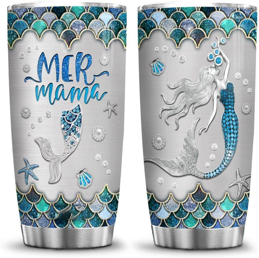 Printed Mer Mama Cute Mother Mermaid Gifts Mom Gifts Stainless Steel Tumbler Cup with Lid, Double Wall Vacuum Thermos Insulated Travel Coffee Mug