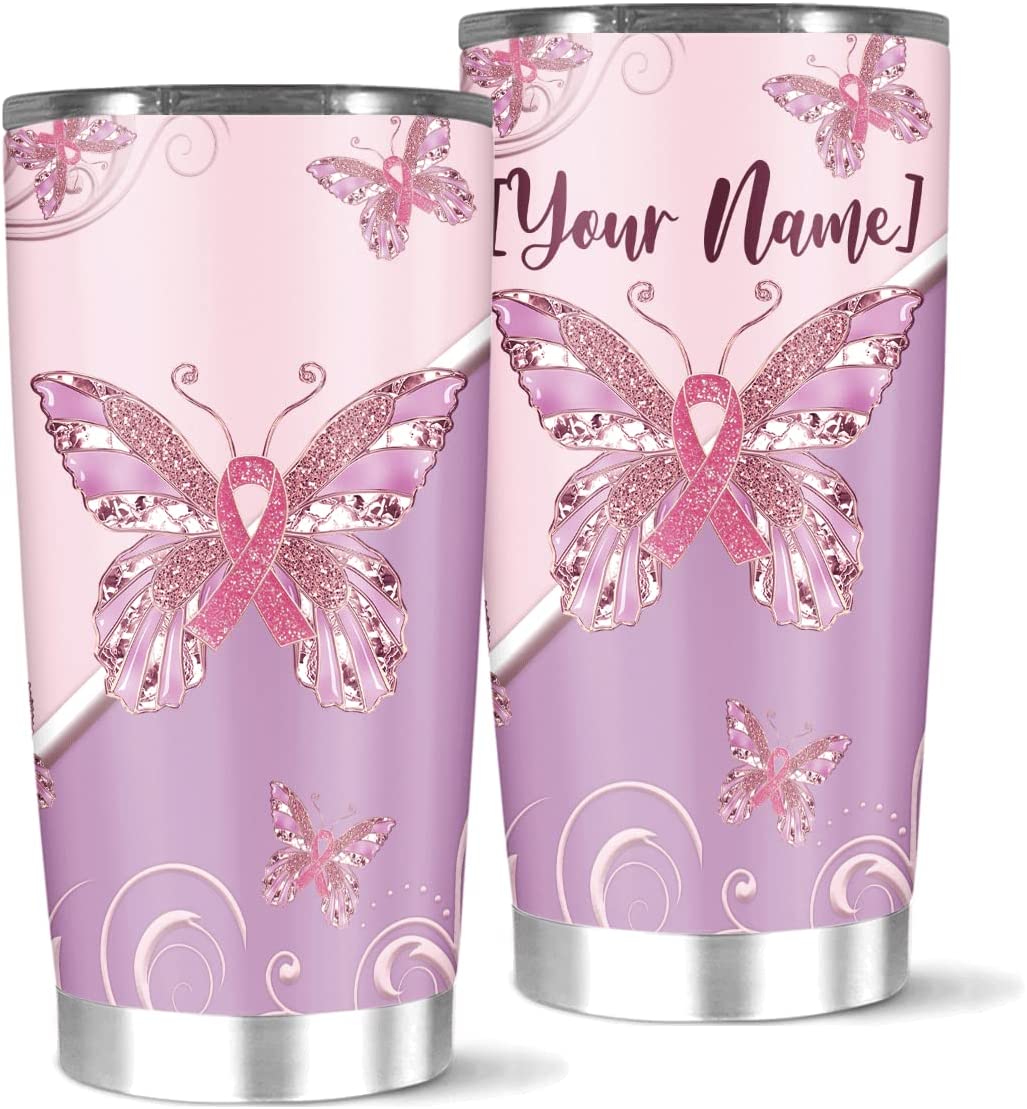 Personalized Tumbler Breast Cancer Glitter Butterfly Ribbon Tumbler Gift For Women Men Grandma Grandpa Birthday Holiday Christmas New Year Insulated Cup Water Mug 20