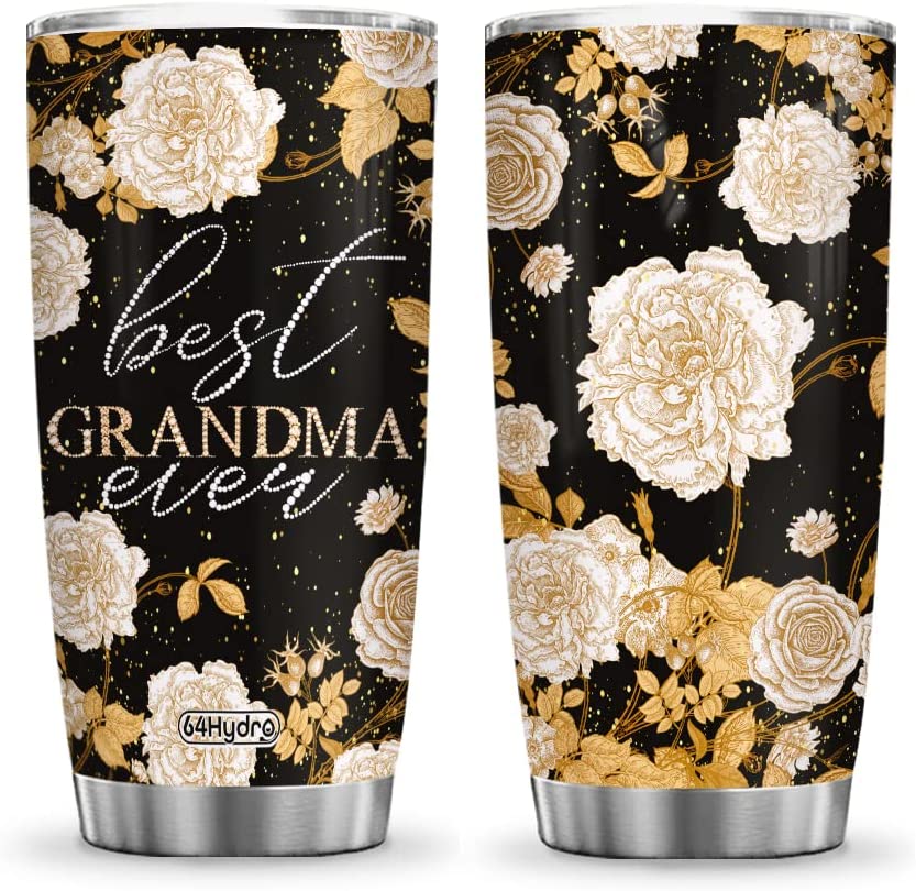 Grandma Tumbler, Best Grandma Ever Grandmother Gifts Nana Mimi Mom Mother Gifts Flower Stainless Steel Tumbler Cup with Lid, Double Wall Vacuum Thermos Insulated Travel Coffee Mug