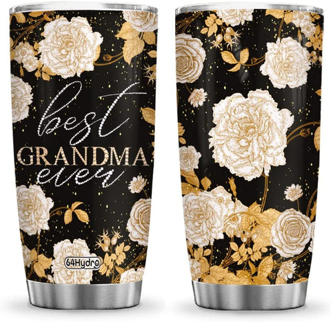 Grandma Tumbler, Best Grandma Ever Grandmother Gifts Nana Mimi Mom Mother Gifts Flower Stainless Steel Tumbler Cup with Lid, Double Wall Vacuum Thermos Insulated Travel Coffee Mug