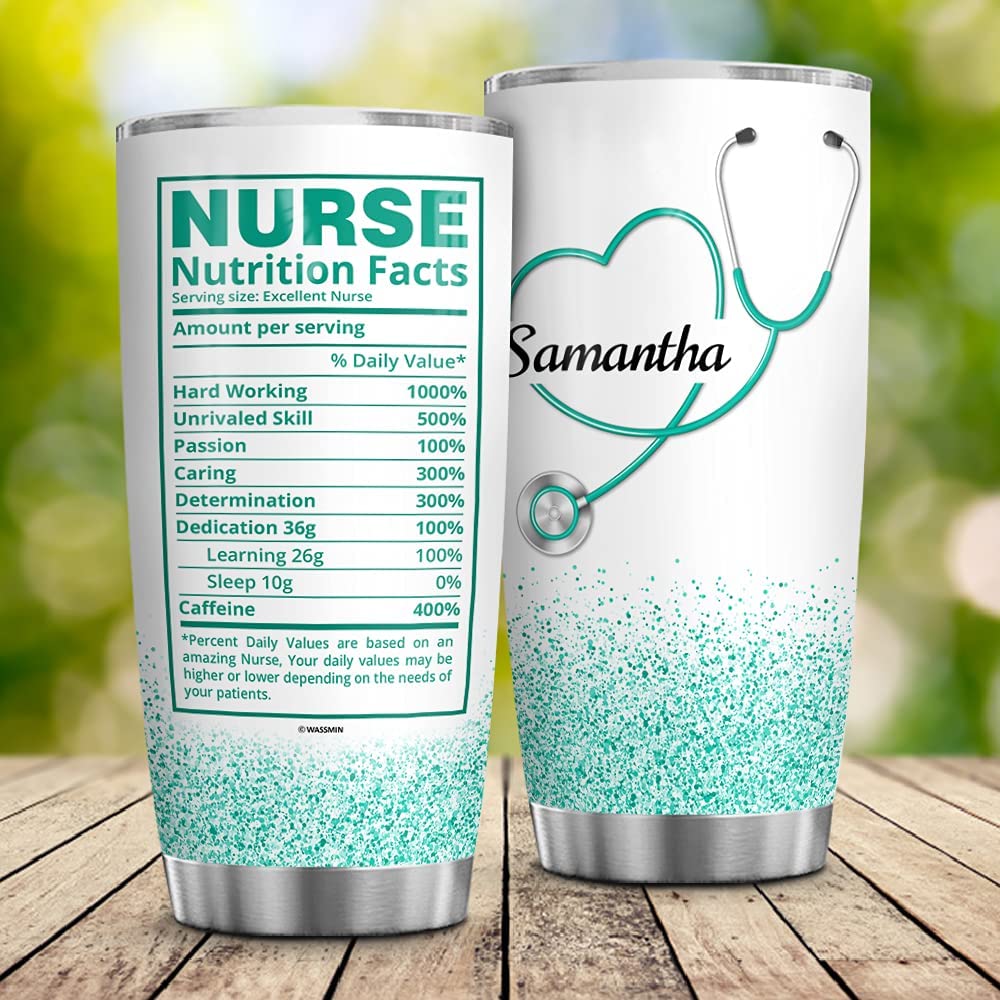 Personalized Nurse Nutrition Facts Stethoscope Tumbler Cup With Lid Vacuum Insulated Travel Mug Birthday Christmas Week Appreciation Gift Nurses Female Women Nursing School (Green 3)