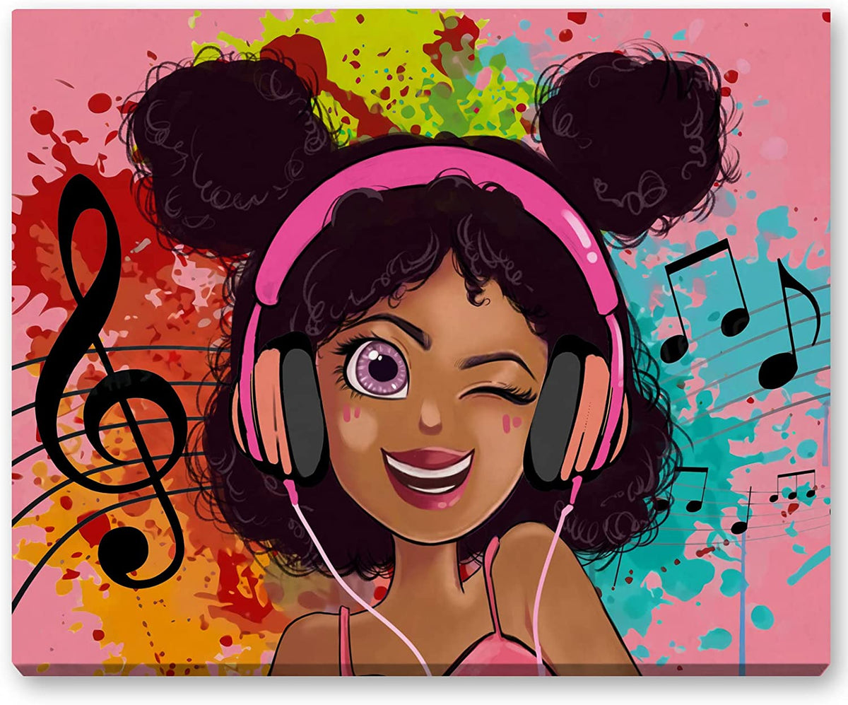 African American Wall Art Black Girl Earphones Pink Background Painting Kids Room Wall Art African Art For Bedroom Wall Decor Hippie Living Room