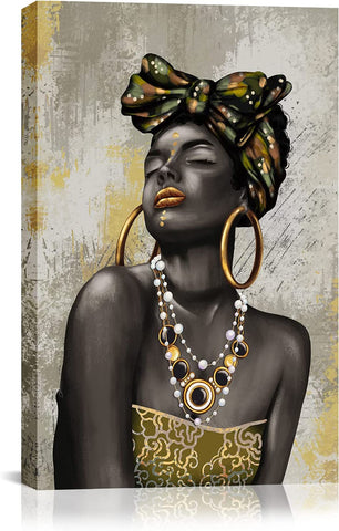 African American Gold Art Canvas Wall Art Black Woman Beauty Portrait Wall Painting Prints Living Room Girls Bedroom Bathroom Home Decorations