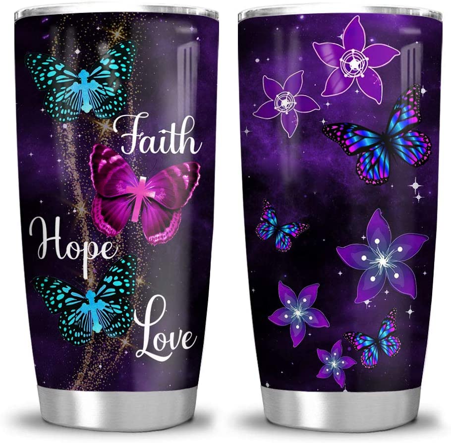 Purple Butterfly Faith Hope Love Motivation Tumbler Cup with Lid, Double Wall Vacuum Sporty Thermos Insulated Travel Coffee Mug