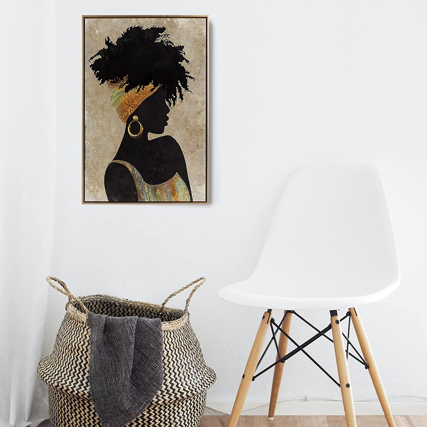 Black Girl Canvas, African American Women with Golden Earring Print Art Decor, Black Queen Girl Wall Art, Abstract Portrait Canvas Wall Poster Artwork for Modern Bathroom Bedroom Living Room