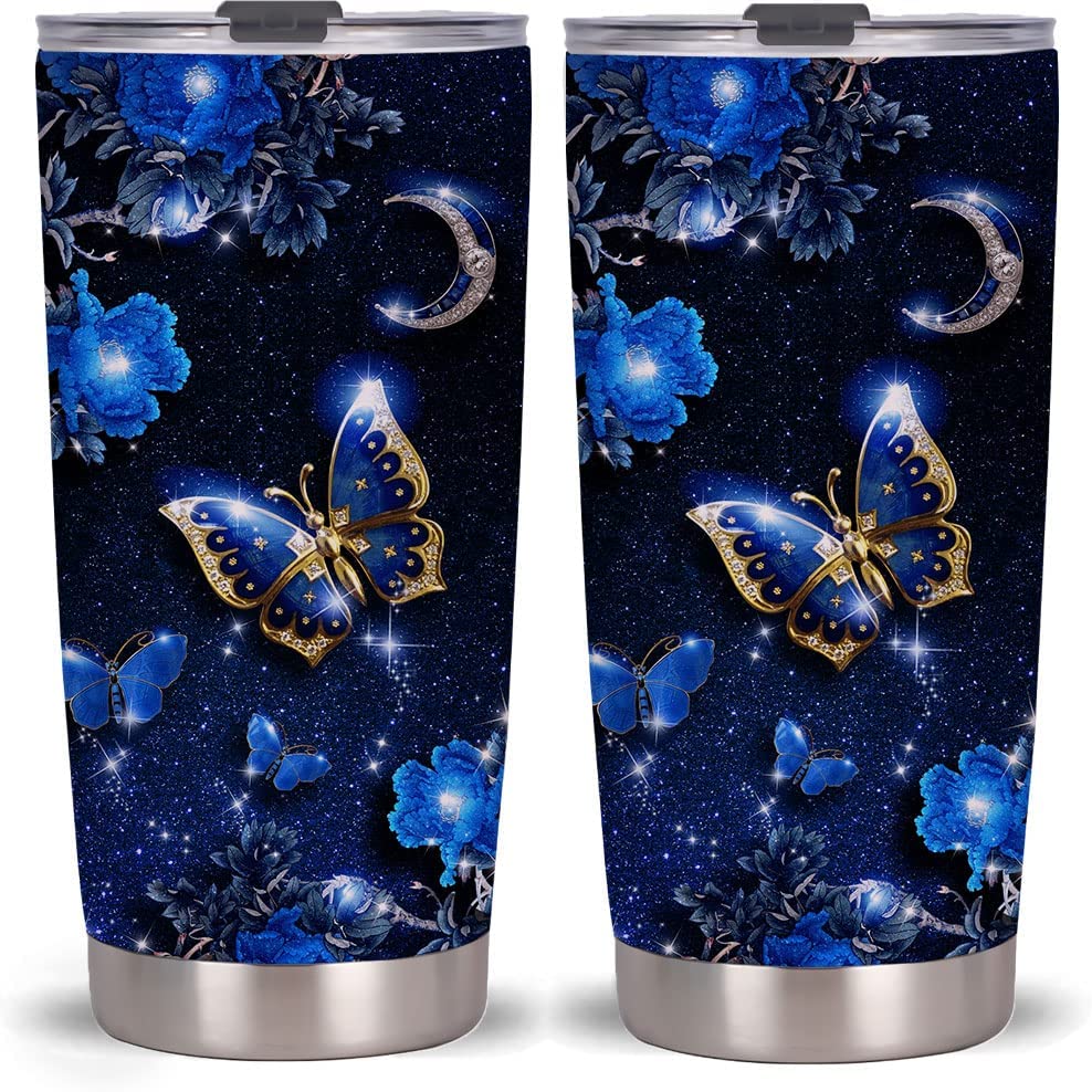 Blue Butterfly Moon Tumbler Cup With Lid , Stainless Steel Double Wall Vacuum Thermos Insulated Travel Coffee Mug(Blue Butterfly Moon Tumbler)One Tumbler Cup