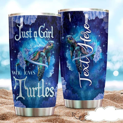 Personalized Name Turtle Blue Glitter Floral Pattern Just A Girl Who Loves Turtles Tumbler Or Vacuum Insulated Travel Mug, for Home, Outdoor, Office, School