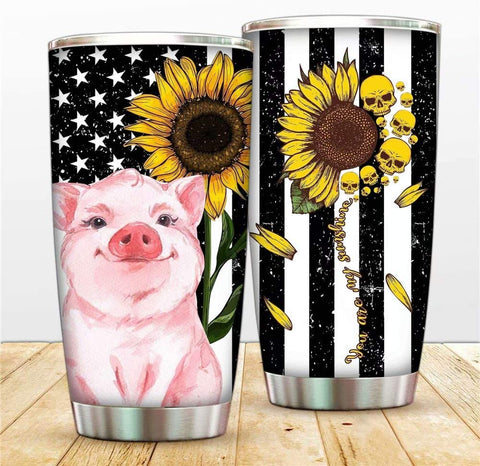 You Are My Sunshine Pig Travel Coffee Mug for Hot & Cold Drinks,Sunflower Farm Pig Stainless Steel Tumbler with Lid and Straw,To Daughter Christmas Water Bottle