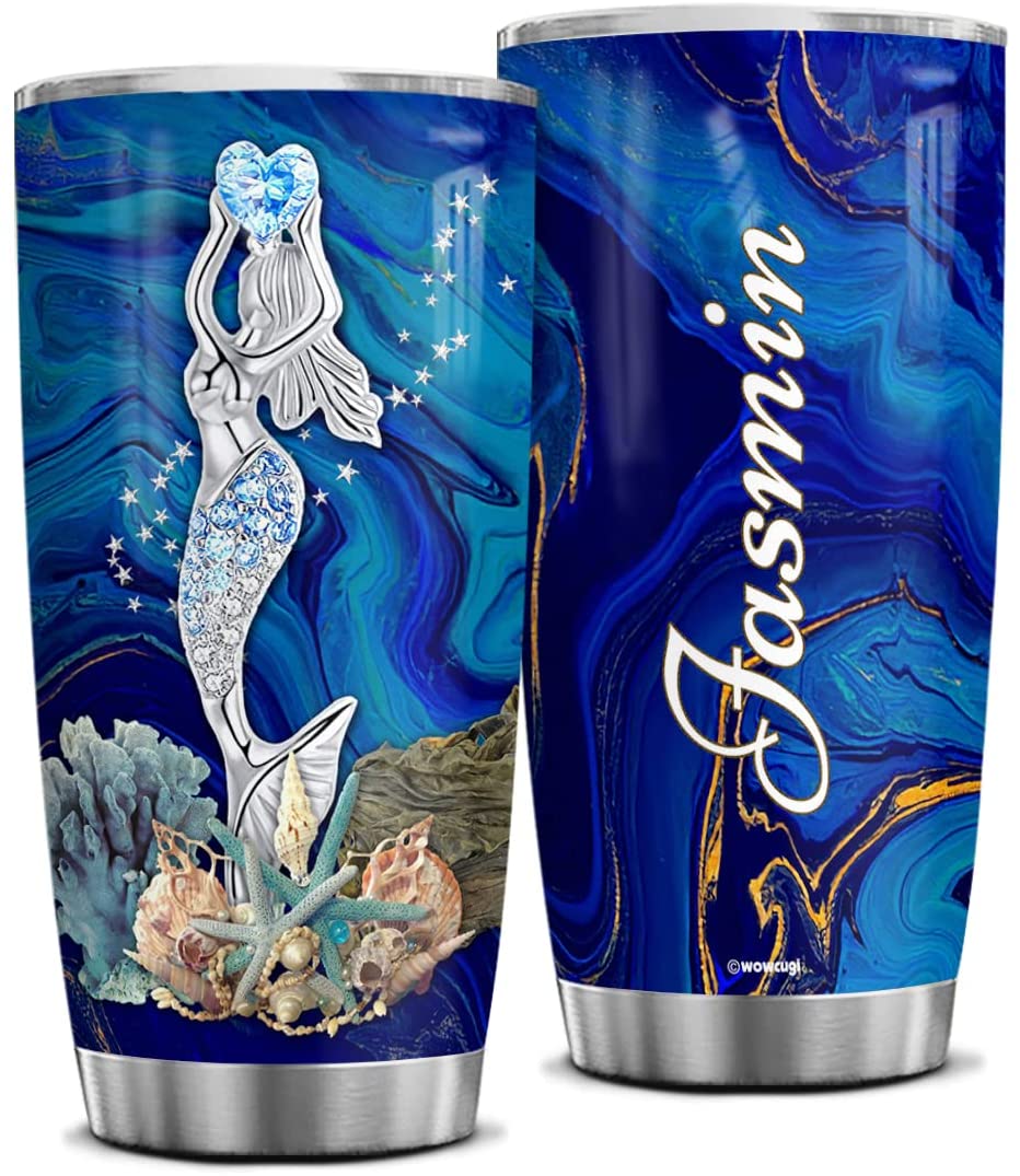 Personalized Mermaid Tumbler Cup With Lid Jewelry Drawing Style Stainless Steel Double Wall Vacuum Insulated Tumblers Coffee Travel Mug Birthday Christmas Women Girls Kids Daughter