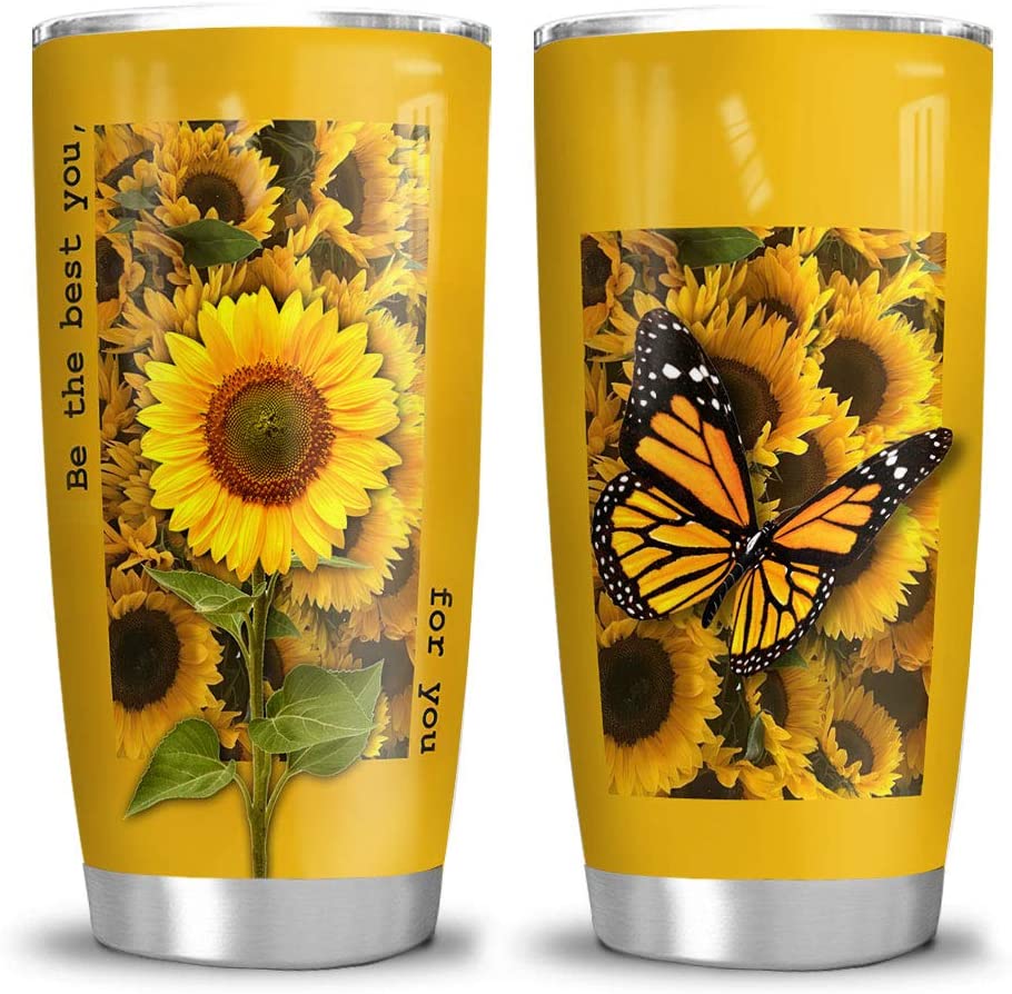 Butterfly Sunflower Be The Best You Motivational Tumbler Cup with Lid, Double Wall Vacuum Sporty Thermos Insulated Travel Coffee Mug