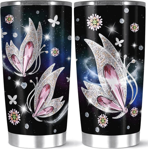 Tumbler Crystal Jewelry Butterfly Novelty Metal Cup Mug Vacuum Insulated Double Walled Gifts For Women Girls Holiday Large Stainless Steel Water Bottle Travel Accessories