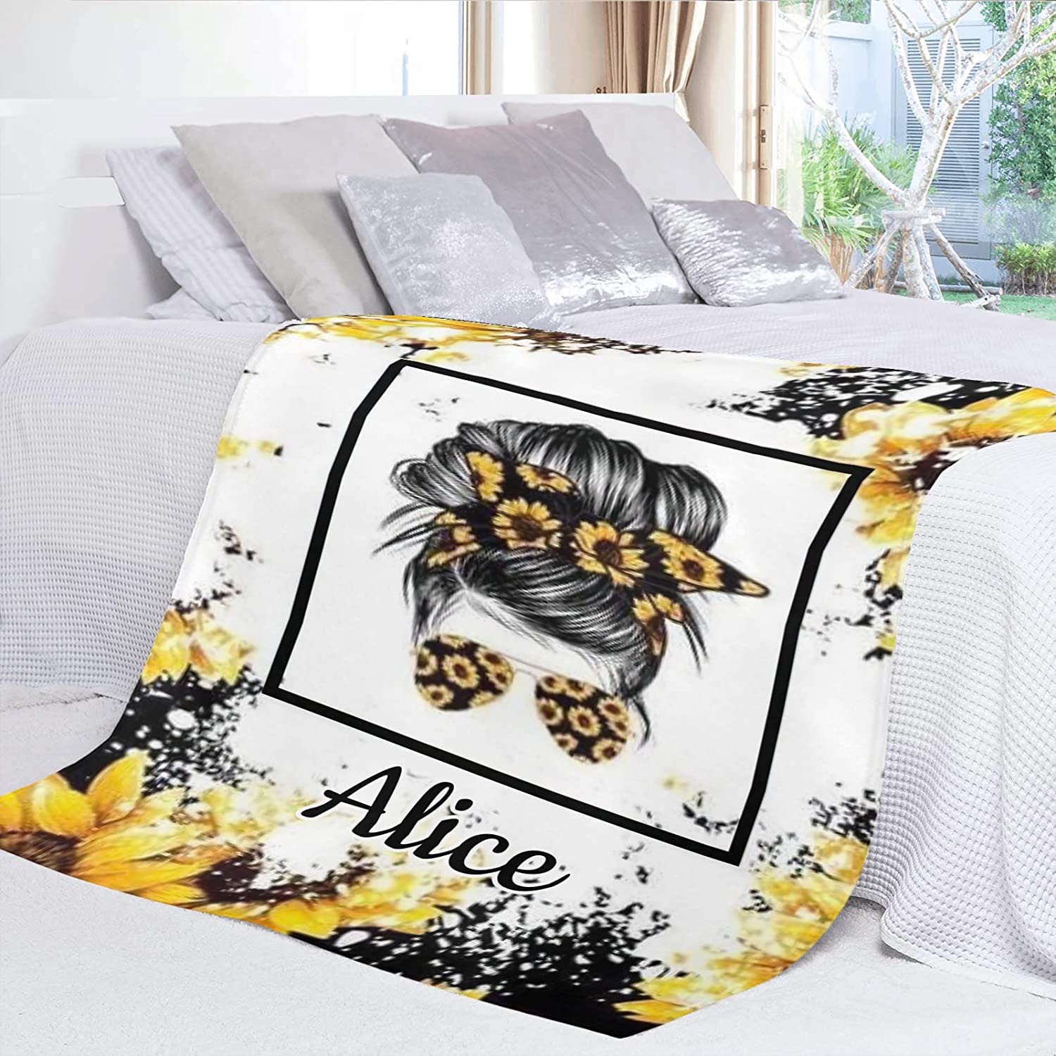 Custom Blanket Personalized Sunflower Cool Girl, Birthday Valentine gift For Her Girlfriend Soft Fleece Throw Blanket with Name for Gifts Sofa Bed