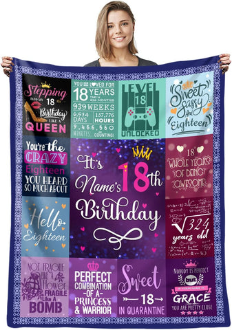 18Th Birthday Blanket, Custom Blanket With Name 18 Year Old Girl Gifts For Birthday Throws Blanket - Personalized Gifts For 18 Year Old Girl - Gifts For Daughter Bestie Sister 18Th