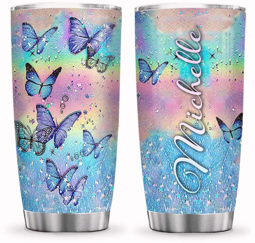 Personalized Name Butterfly Hologram Inspiration Motivation Tumbler Cup with Lid, Double Wall Vacuum Sporty Thermos Insulated Travel Coffee Mug - DNM0603005Z