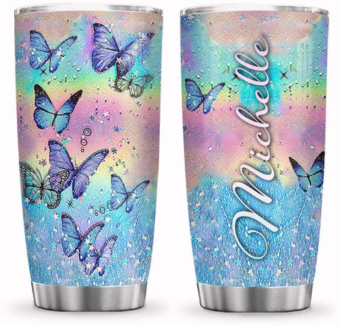 Personalized Name Butterfly Hologram Inspiration Motivation Tumbler Cup with Lid, Double Wall Vacuum Sporty Thermos Insulated Travel Coffee Mug - DNM0603005Z