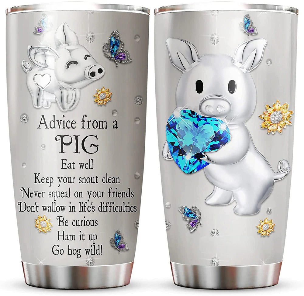 Advice From A Pig Jewelry Style Tumbler Coffee With Lid, Piggy With Blue Gemstone Stainless Steel Vacuum Insulated Travel Mug Farm Animal Birthday Gifts For Women