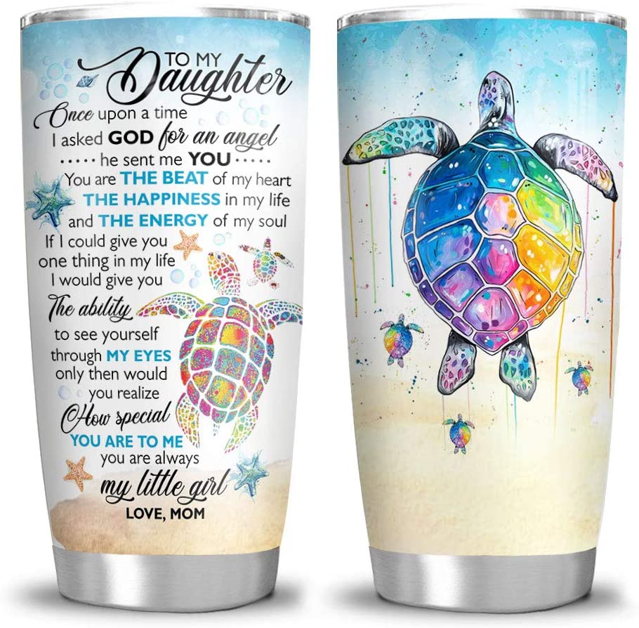 Daughter Tumbler, Mom to Daughter Colorful Sea Turtle Gift Tumbler Cup with Lid, Double Wall Vacuum Sporty Thermos Insulated Travel Coffee Mug