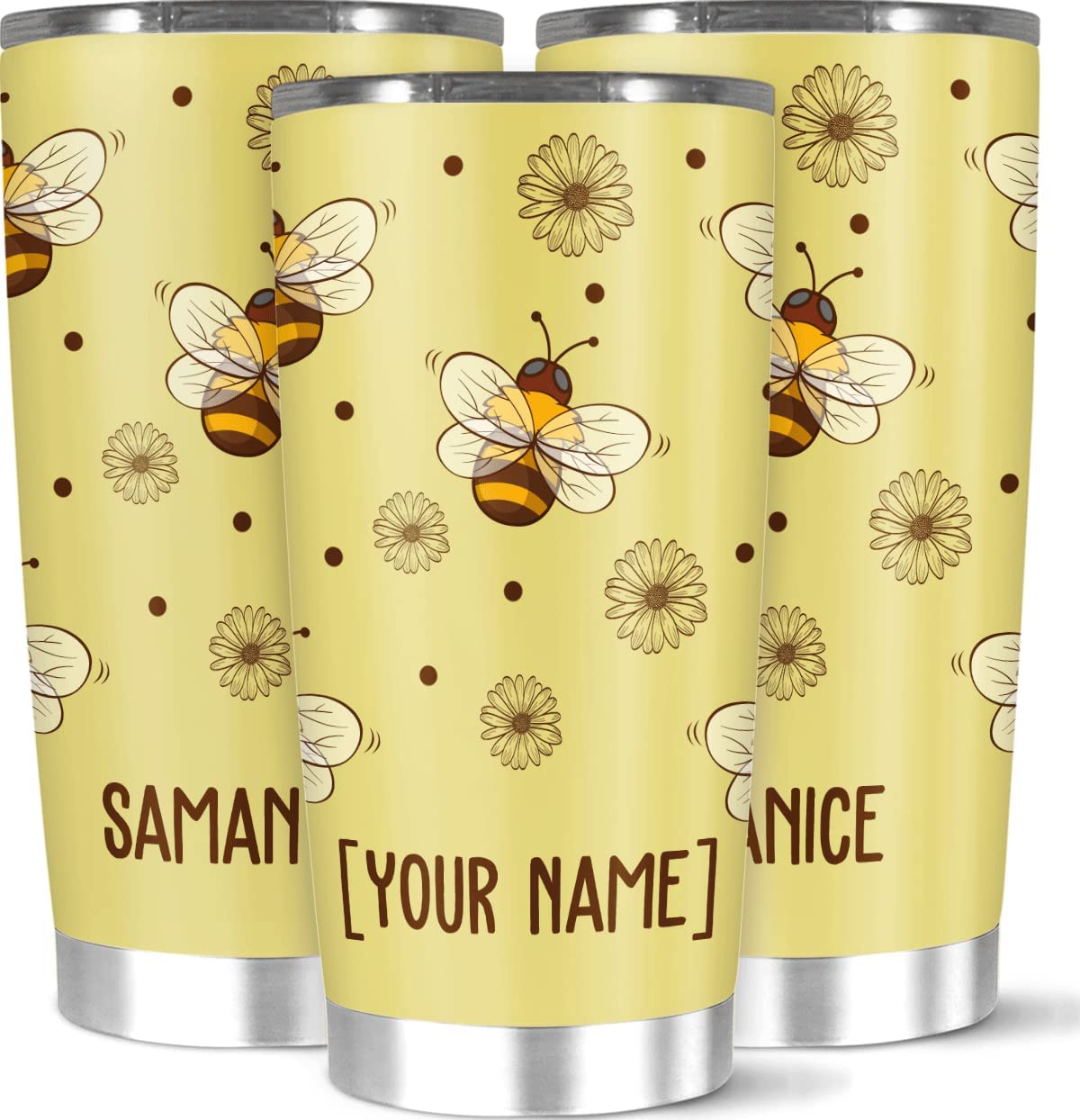 Personalized Tumbler Lovely Flying Bee Flower Pattern Customized Name Insulated Cup Tumbler Gift For Women Men Sister Brother Holiday Birthday Christmas New Year Tea Coffee Mug