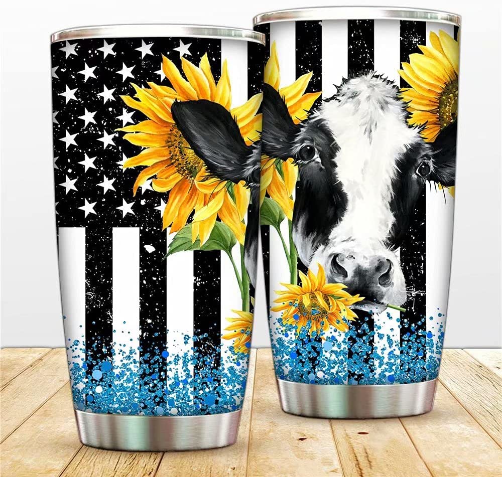 Sunflower Cow Stainless Steel Tumbler Double Wall Vacuum Insulated Travel Mug, Durable Insulated Coffee Cup for Ice Drink Hot