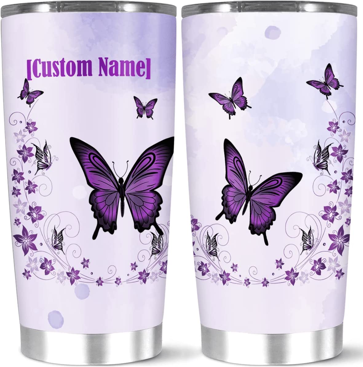 Personalized Coffee Tumbler, Customized Name Butterfly And Flower, Light Purple Color, 20 Insulated, Gift For Women Mom Sister Daughter Lover On Birthday, Home Travel Office Mug Use