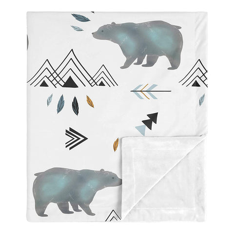 Bear Mountain Watercolor Baby Boy Receiving Security Swaddle Blanket For Newborn Or Toddler Nursery Car Seat Stroller Soft Minky - Slate Blue, Black And White