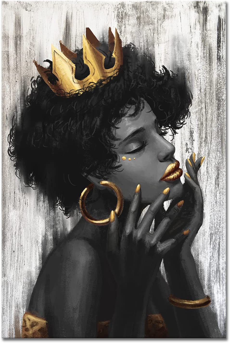 African American Woman Wall Art Fashion Black Woman with Golden Crown Earrings Necklace Canvas Paintings Modern Beautiful Girl Picture Prints