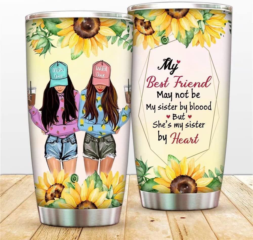 Bestie Gift, To Friends Gift Sunflower Travel Cup 1pcs Best Friend Best Sister by Heart Tumbler Cup with Lids and Straw Coffee Mug for Sister，Friend