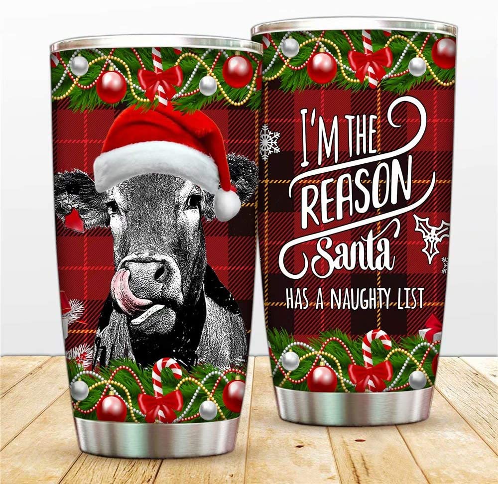 Christmas Tumbler Stainless Steel Tumbler Mug Cow Double Wall Vacuum Insulated Coffee Cup with Lid Straws Brush, Travel Mug for Car Home Office School