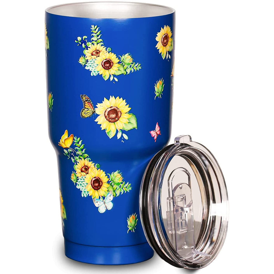 Butterfly Sunflower Tumbler Cup with Lid Royal Blue Travel Coffee Mugs Large Stainless Steel Tumbler All Kind Drink Cup Insulation Beverage Cups Gift for Women Men