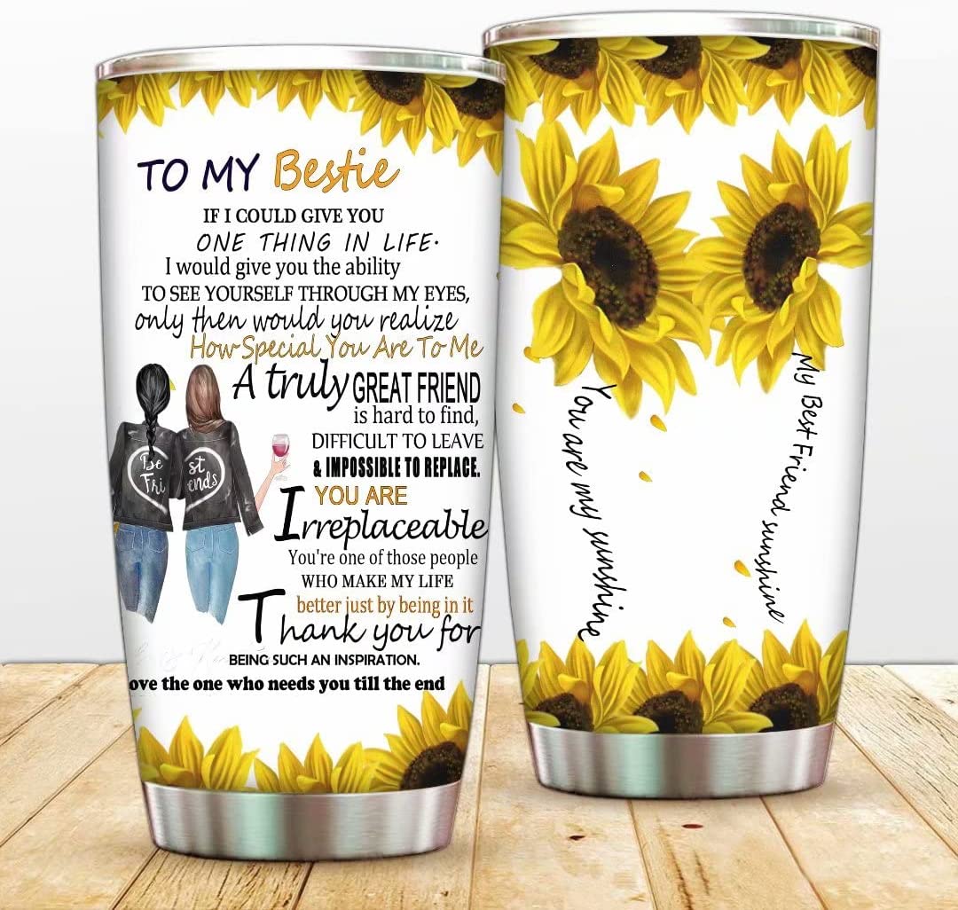 Bestie Gift, To Sister Bestie Double Wall Vacuum Cup,Sunshine Tumbler Cup With Lip,Sunflower Best Friend Insulated Travel Mug Friendship Coffee Cup for Work,Gym,Fitness