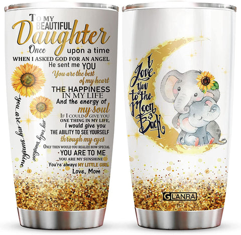 Daughter Tumbler, I Love You To The Moon And Back Elephant Mom Coffee Cup With Lid, To My Beautiful Daughter Sunflower Stainless Steel Double Wall Insulated Travel Mug Mothers Day